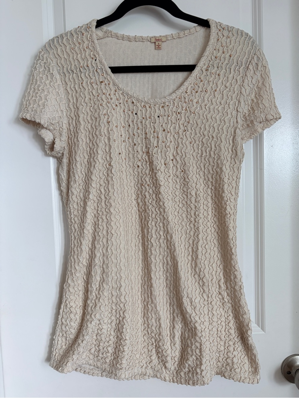 Reba Cream Beige Textured Wavy Knit Rhinestone Embellished Top Size Small Boho